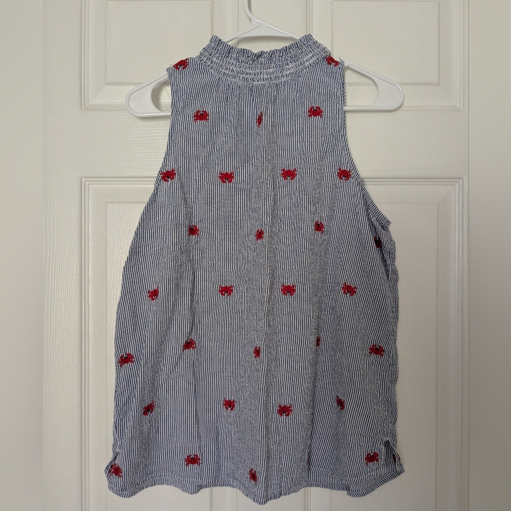 Crown & Ivy Blue And White Striped Top with Red Embroidered Crabs Size Medium